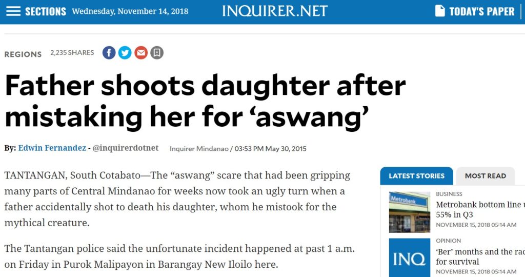 Screenshot eines Artikels in der Online-Ausgabe der philippinischen Tageszeitung "Inquirer"