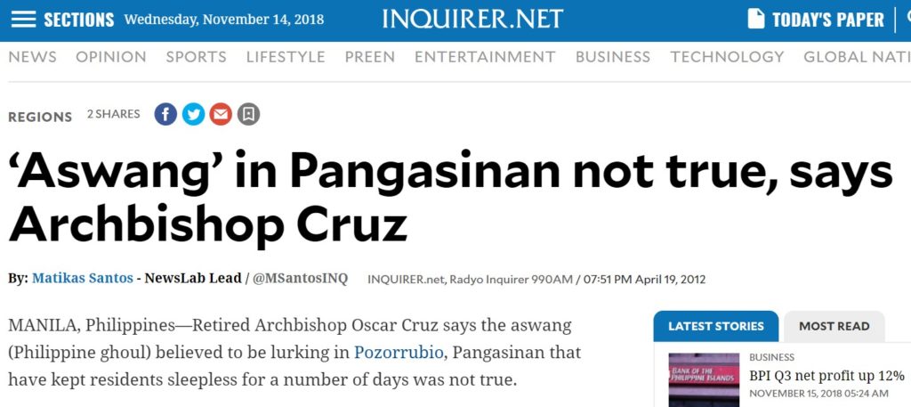 Screenshot eines Artikels in der Online-Ausgabe der philippinischen Tageszeitung "Inquirer"