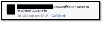 Screenshot eines facebook-Kommentars: „Bitte spalte den Kopf mit einem Stahlrohr und einer Axt, für mich.“