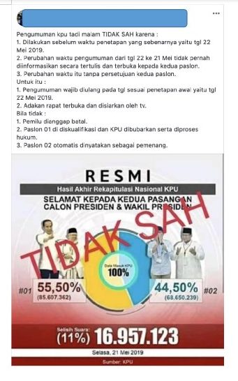 Screenshot Facebook: Infografik, die auf einem indonesischen Facebook-Account veröffentlicht wurde und die angeblich falschen Wahlergebnisse zeigt