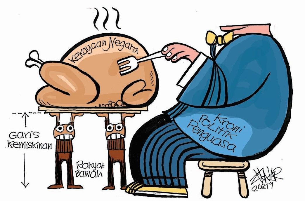 "Garis Kemiskinan" (Die Armutsgrenzen): Die herrschenden Politiker*innen speisen vom Reichtum des Landes, das "niedere Volk" trägt den Teller (und den Reichtum). © Zunar